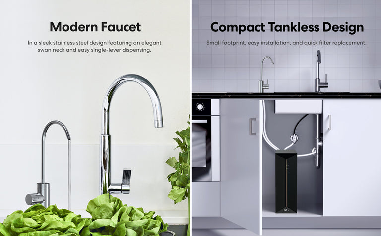 Split image: Left shows a modern stainless steel kitchen faucet above a sink with lettuce. Right shows a compact black tankless water filter unit installed under a kitchen sink with white cabinets and countertop appliances.
